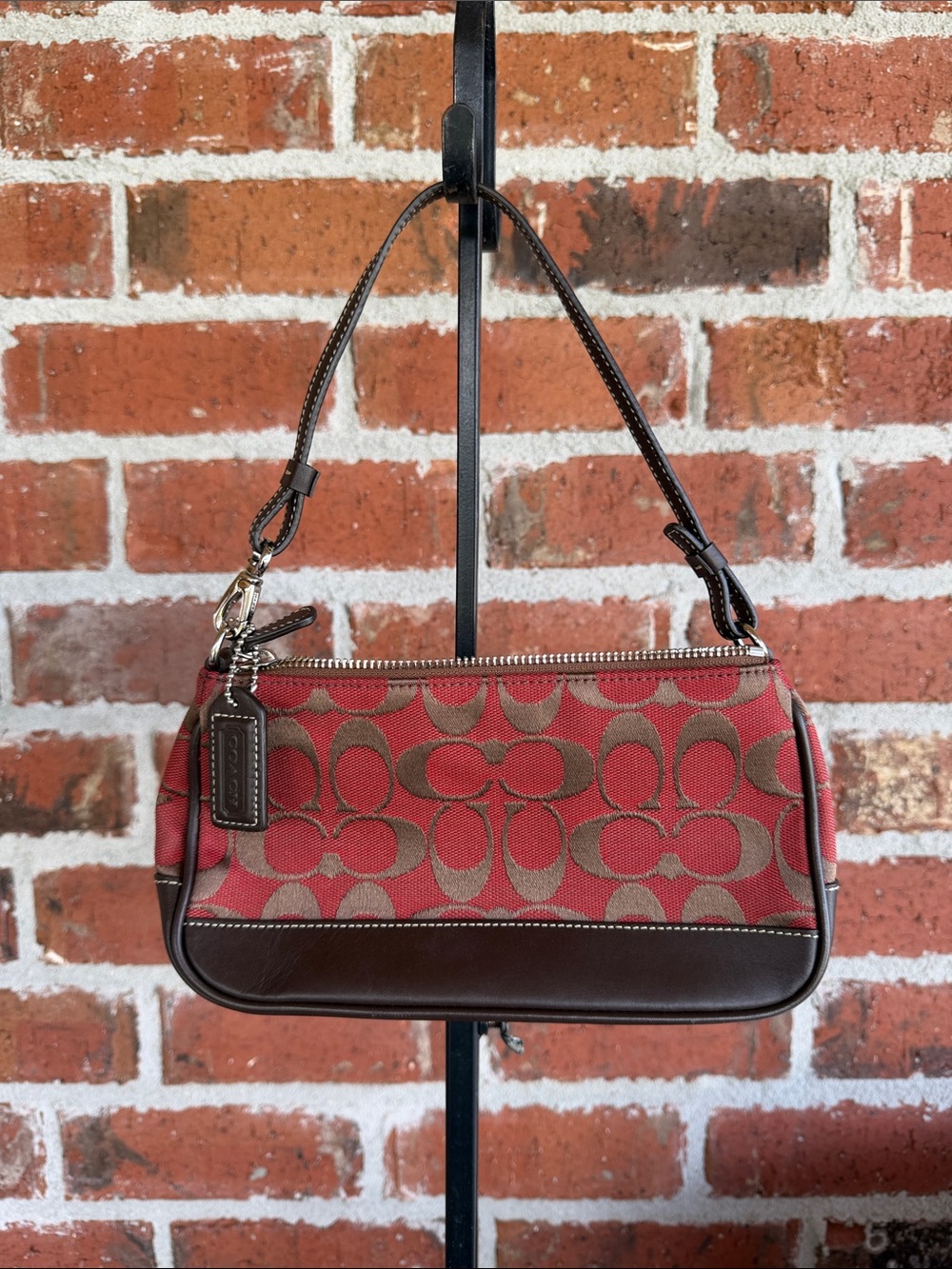 Coach Red and Brown Signature Jacquard Shoulder Bag - Picture 2 of 7